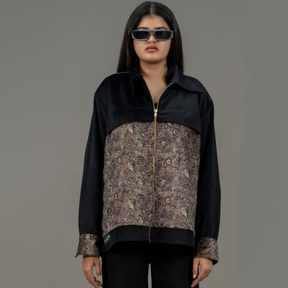 Female model showcasing Twennysix Velvet Blend Jacket with Kalamkari prints. Jacket exudes elegance and sophistication, perfect for adding flair to any outfit.