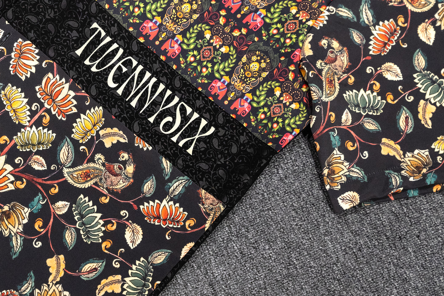 Close-up view of Twennysix branding and intricate Kalamkari prints on the Kalamkari Fusion Shirt, highlighting the fusion design and attention to detail.