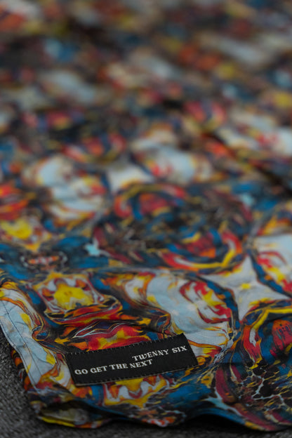 Close-up view of the Lunar Mirage shirt, highlighting its intricate lunar-inspired pattern and high-quality fabric.