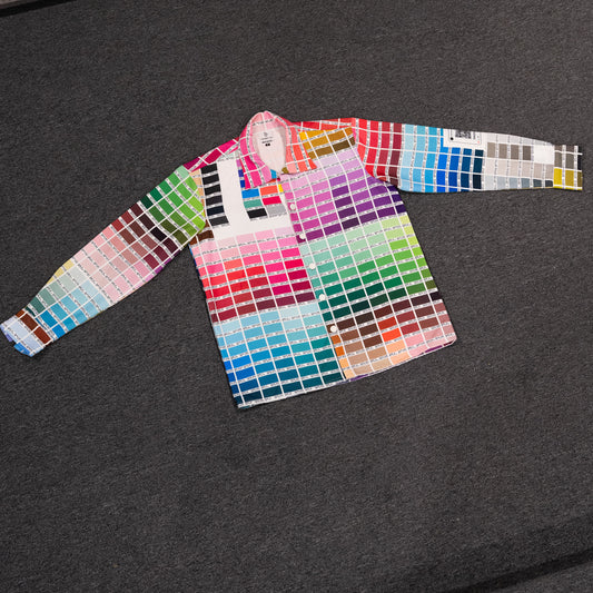 Flat lay view of the vibrant palette print jacket, showcasing the complete design and intricate details.