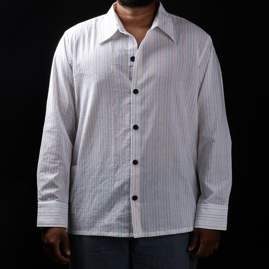 Model wearing Twennysix Kantha Breeze Shirt showcasing front view