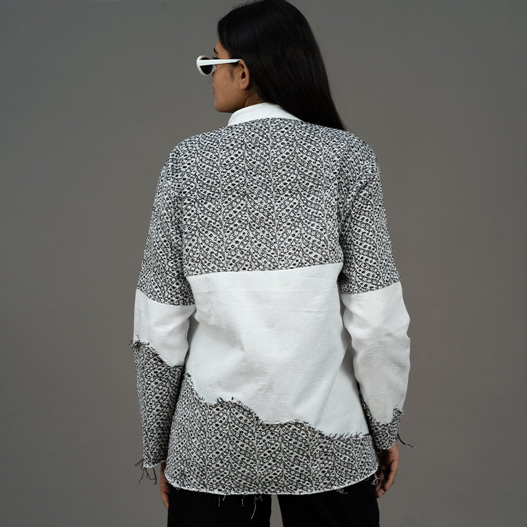 Rear view of female model wearing the Slope Zip Jacquard Shirt, highlighting its design and fit.